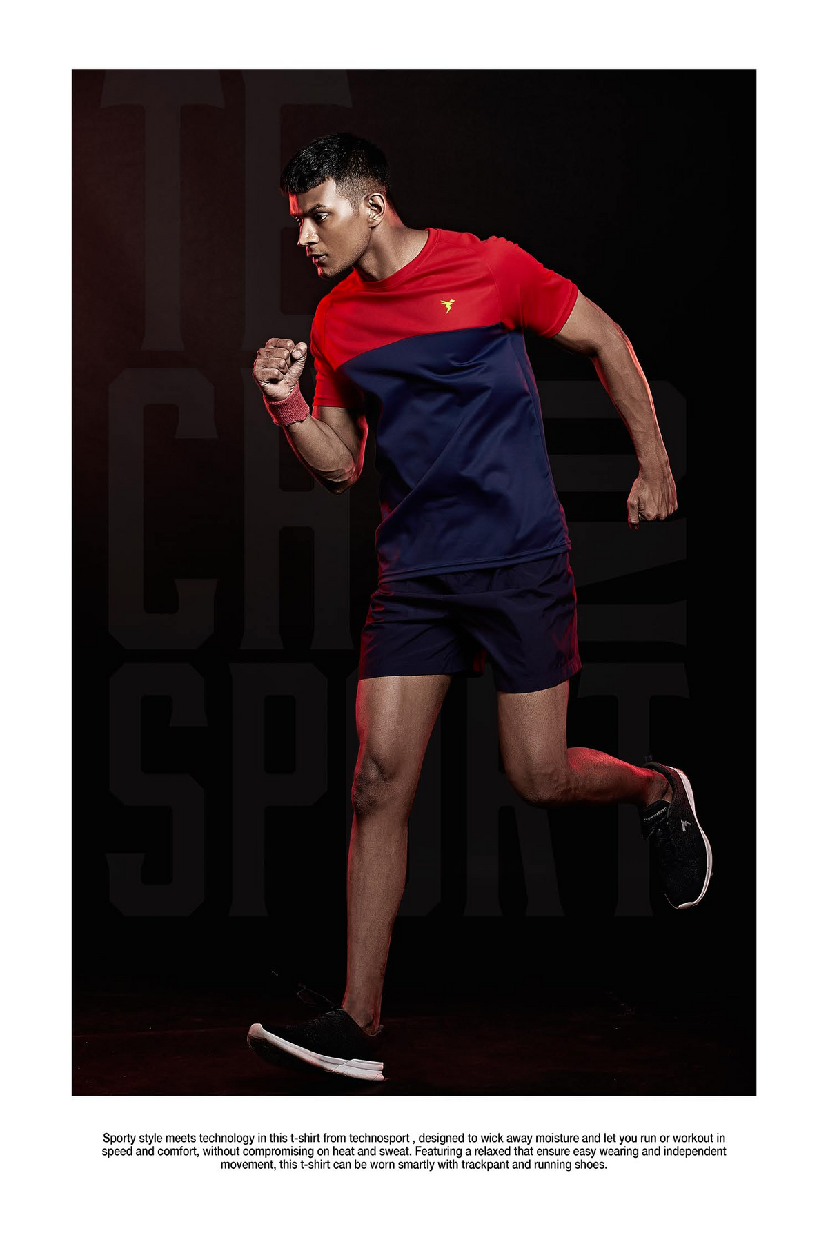 TechnoSport Crew Neck Half Sleeve Dry Fit T-Shirt for Men P 536 - Navy Blue Red