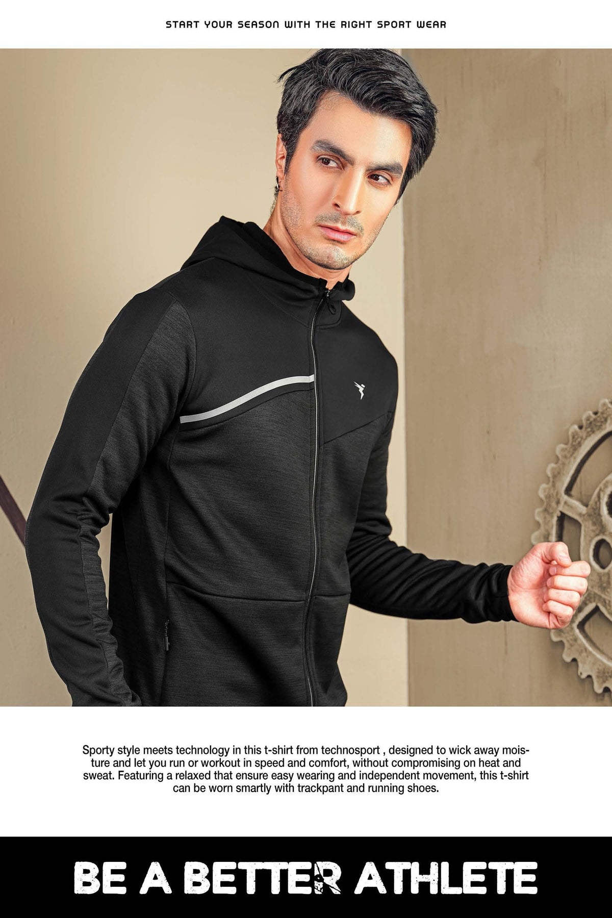 Technosport Full Sleeve Dry Fit Melange Hoodie Jacket for Men PL-74 - Black