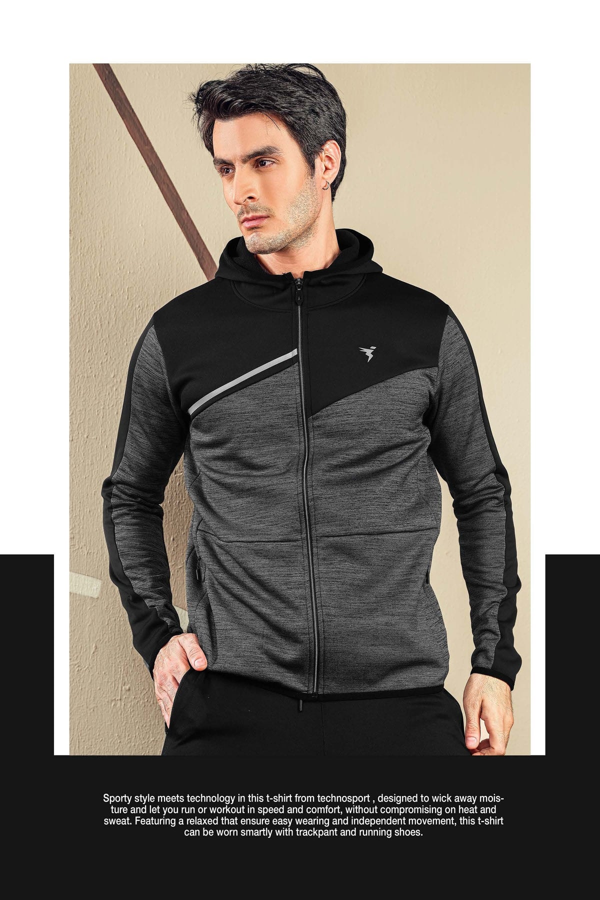 Technosport Full Sleeve Dry Fit Melange Hoodie Jacket for Men PL-74 - Dark Grey