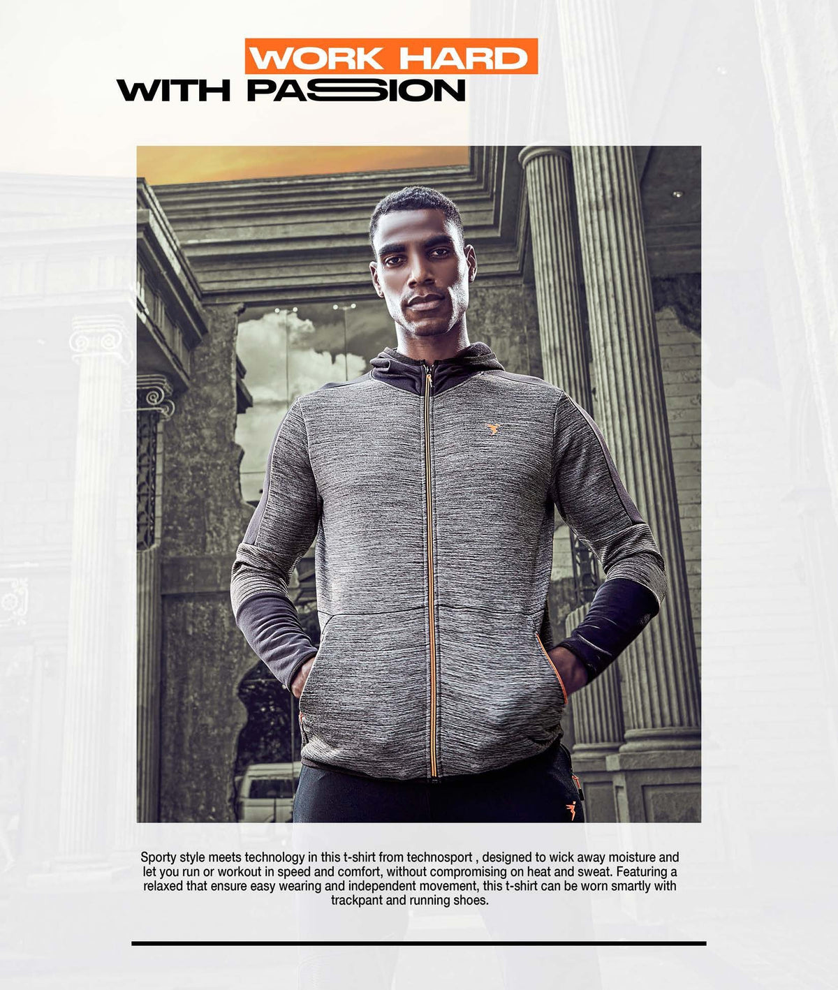Technosport Full Sleeve Dry Fit Melange Hoodie Jacket for Men PL-75 - Dark Grey