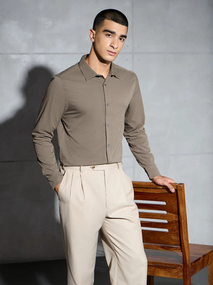 Technosport Solid Slim Fit Spread Collar Shirt P-823 - Stone Grey