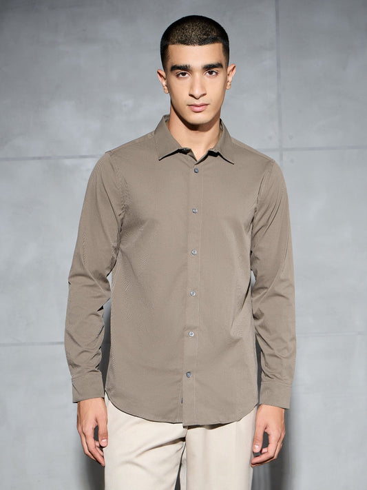 Technosport Solid Slim Fit Spread Collar Shirt with TS LYTRA For Men P-823 (Stone Grey)