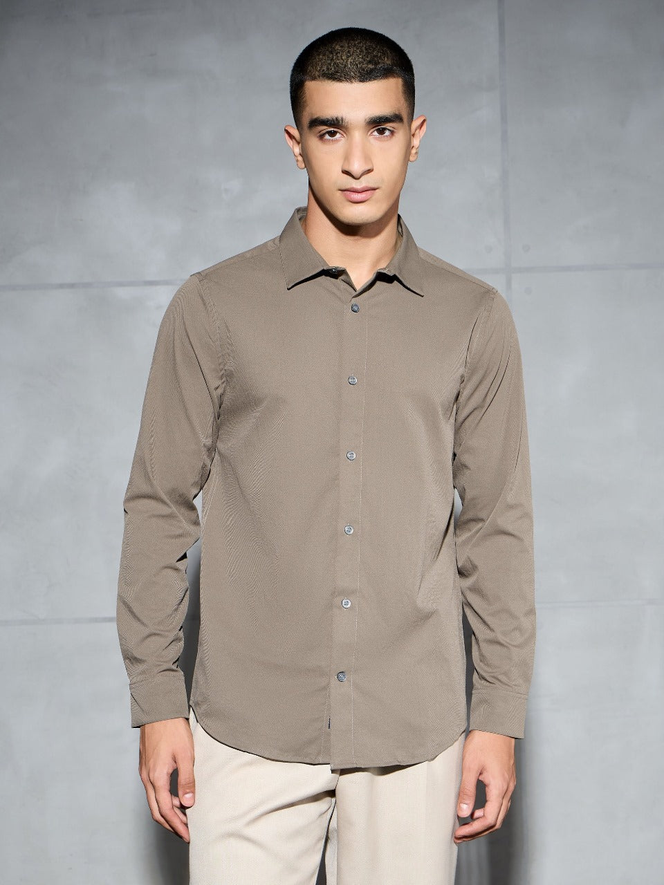 Technosport Solid Slim Fit Spread Collar Shirt P-823 - Stone Grey