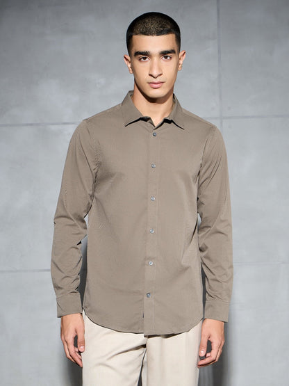 Technosport Solid Slim Fit Spread Collar Shirt P-823 - Stone Grey