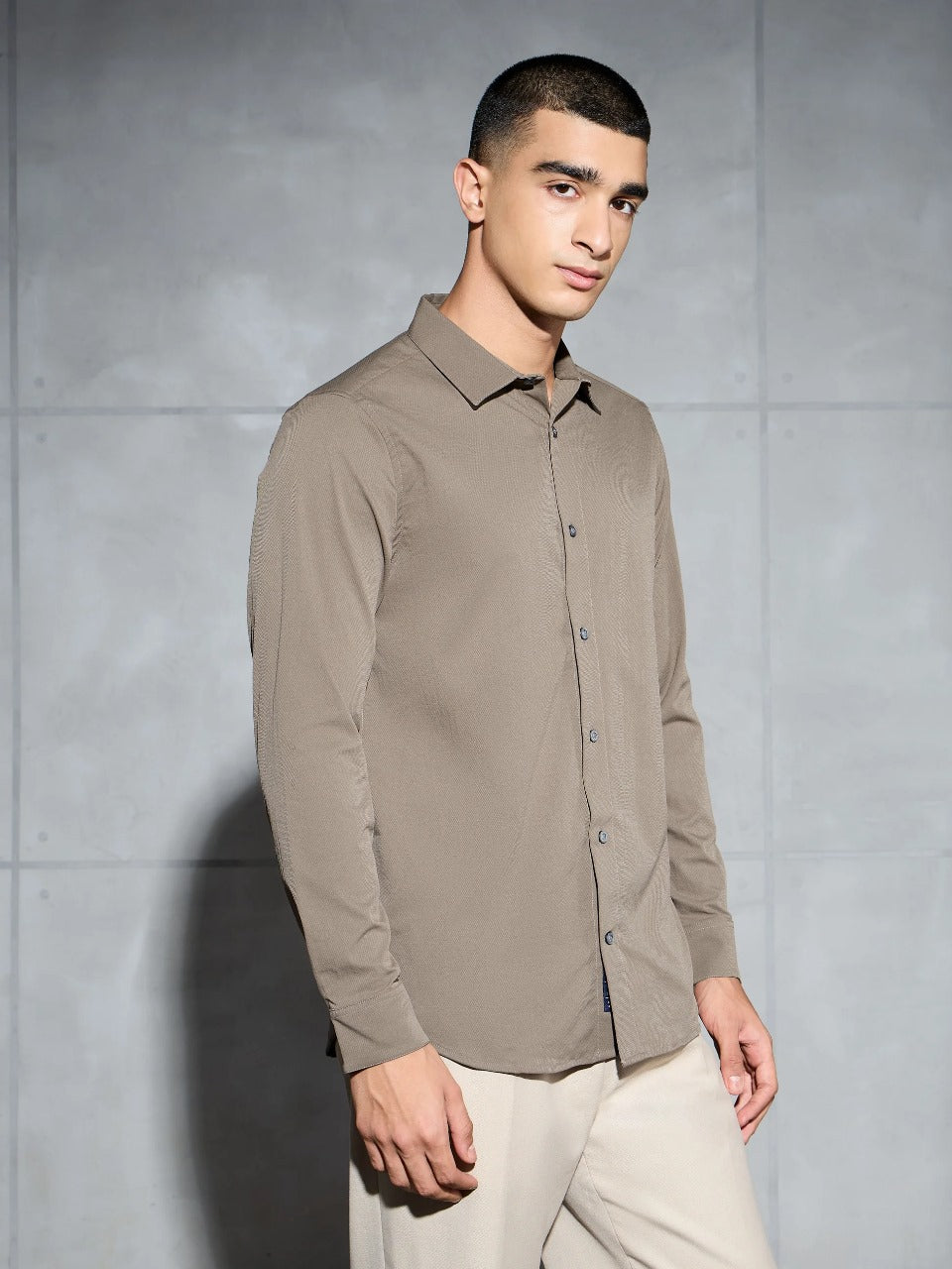 Technosport Solid Slim Fit Spread Collar Shirt with TS LYTRA For Men P-823 (Stone Grey)