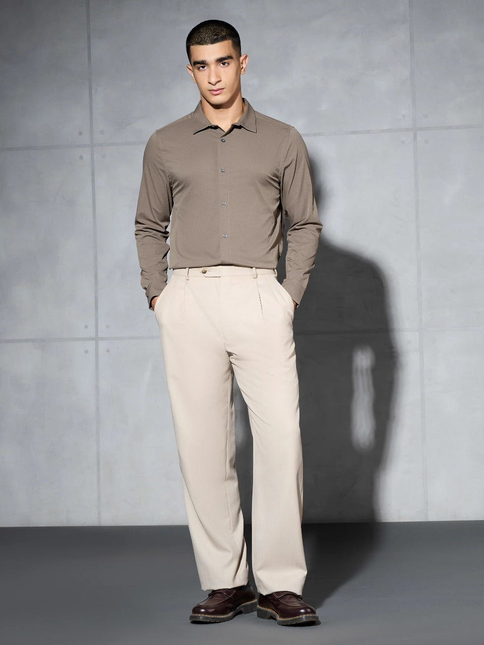 Technosport Solid Slim Fit Spread Collar Shirt P-823 - Stone Grey