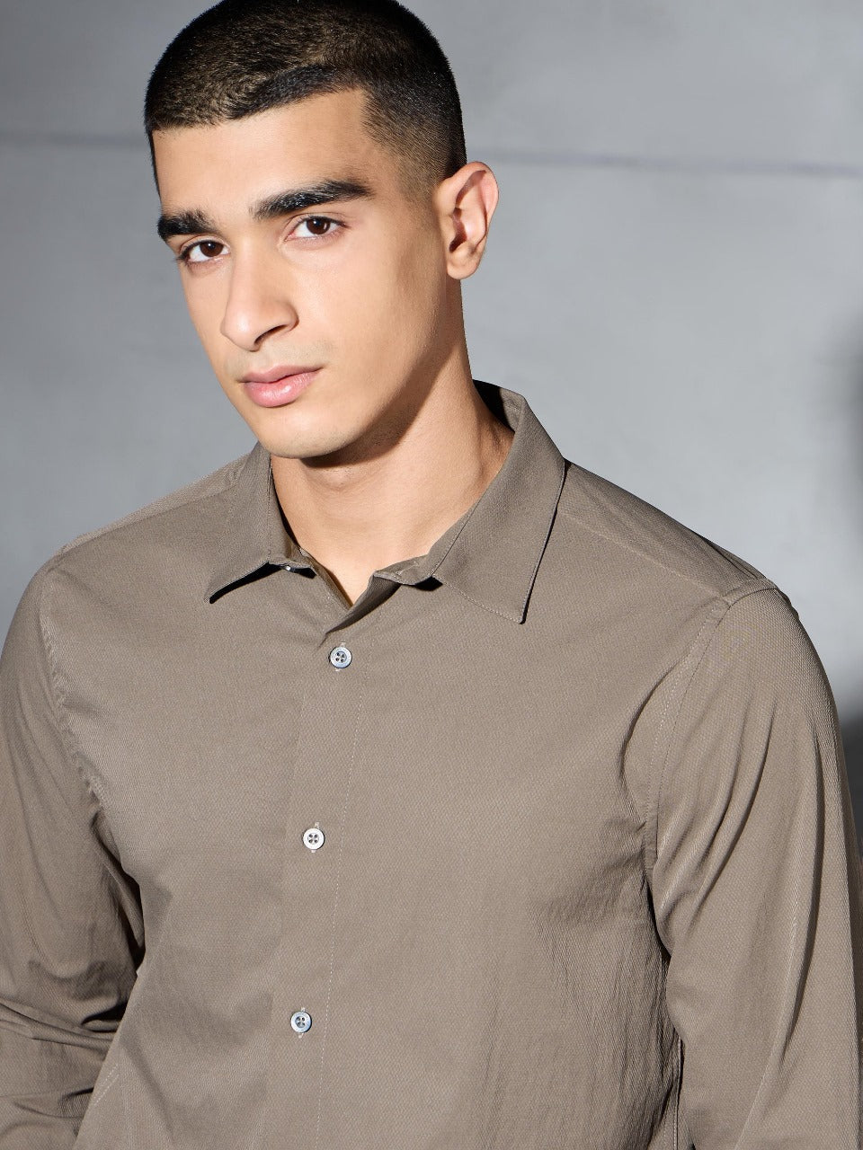 Technosport Solid Slim Fit Spread Collar Shirt P-823 - Stone Grey