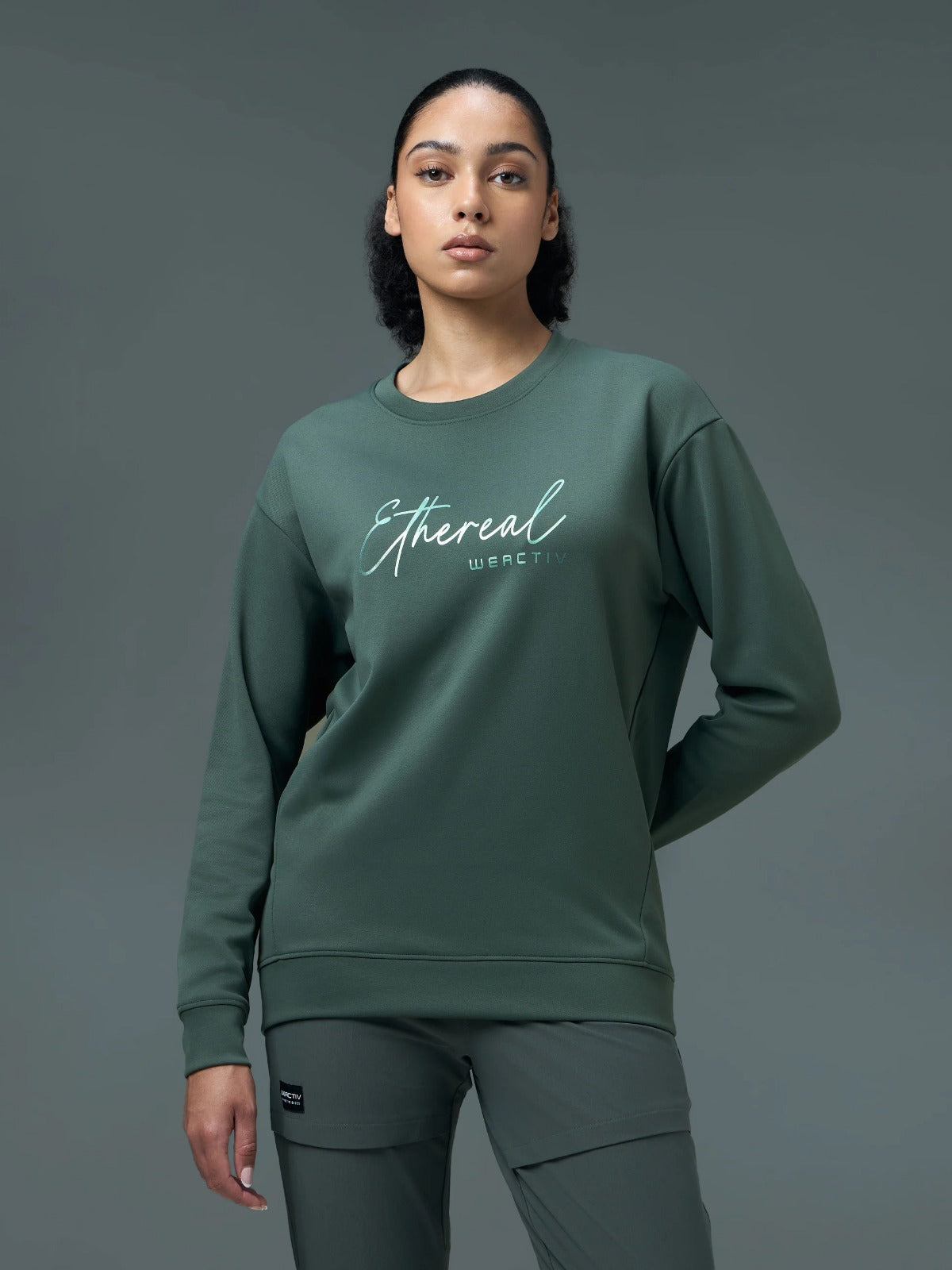 Technosport Solid Slim Fit Round Neck Sports Sweatshirt with ELASTOPLUS For Women WM-15 (Trekking Green)