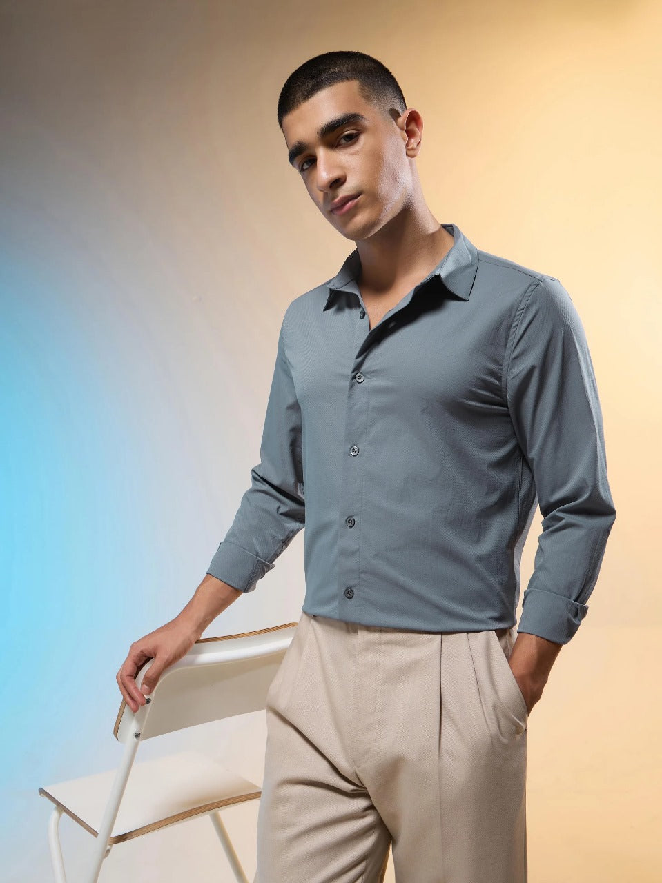 Technosport Solid Slim Fit Spread Collar Shirt P-823 - Turbulence