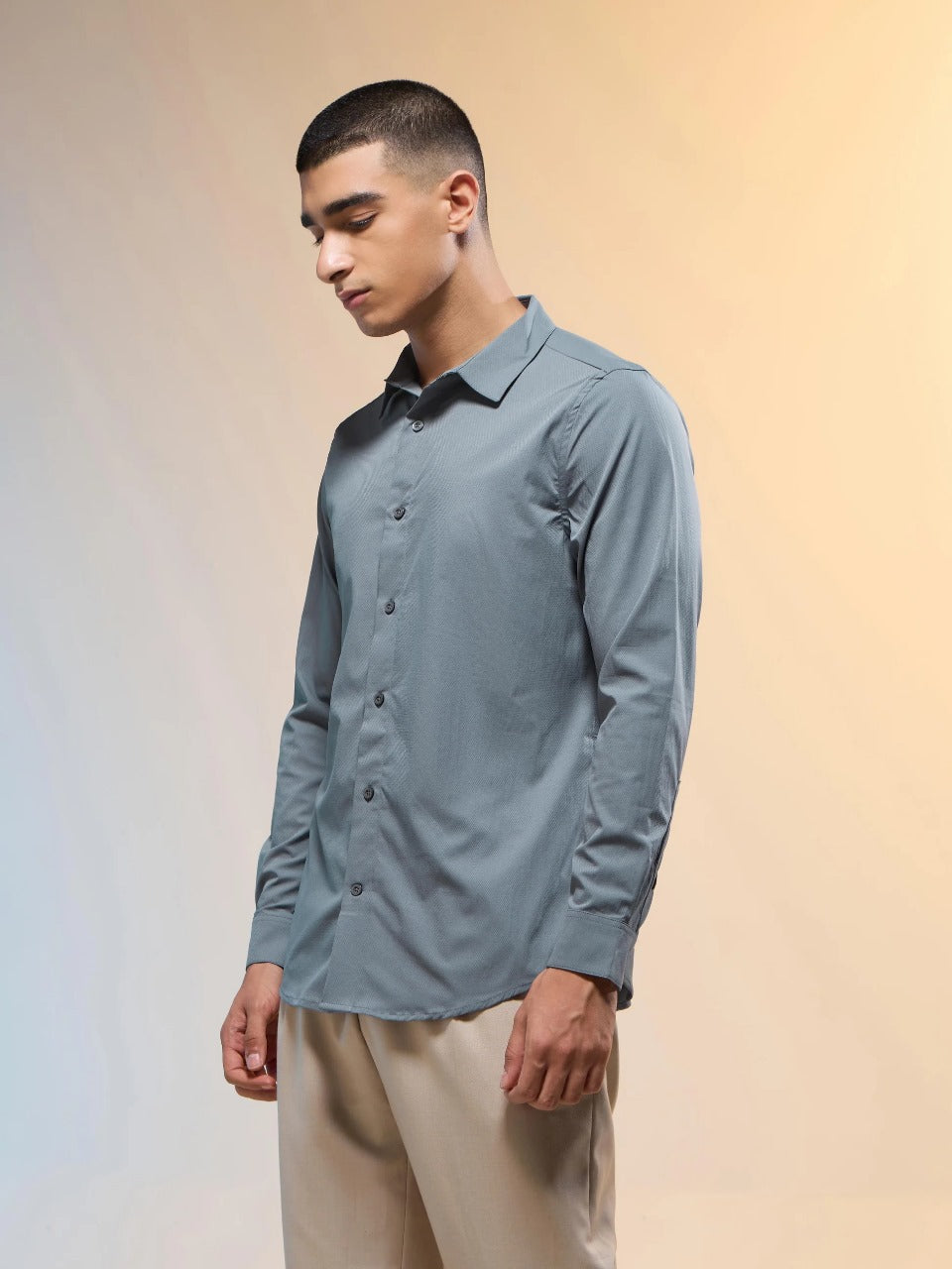 Technosport Solid Slim Fit Spread Collar Shirt with TS LYTRA For Men P-823 (Turbulence)