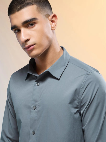 Technosport Solid Slim Fit Spread Collar Shirt with TS LYTRA For Men P-823 (Turbulence)
