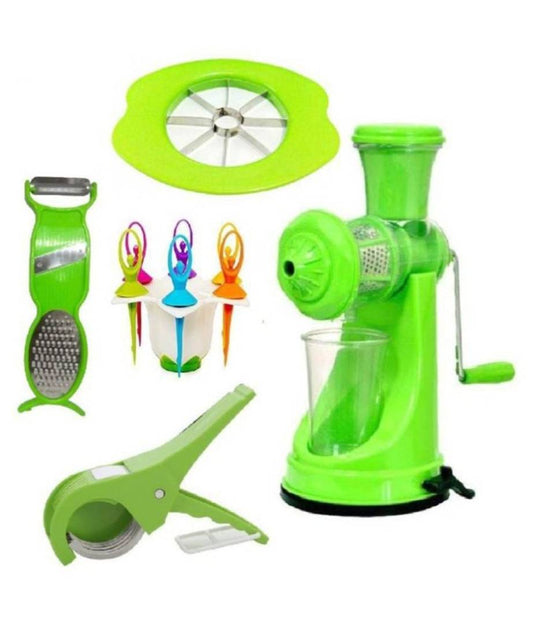 Combo of Green Hand Juicer + Vegetable Cutter + Apple Cutter + 6pcs Fruit Fork with Stand