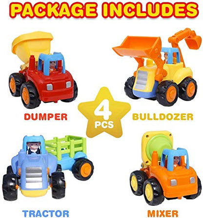 Toyshine Unbreakable Automobile Car Pack of 4 Friction Powered Cars Construction Push and Go Car Tractor, Bulldozer, Cement Mixer Truck, Dumper for 1 2 3 Year Old Boy Girl Toddler Baby Kid Gift