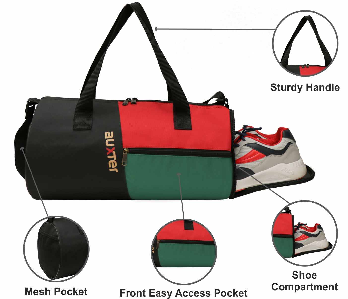 Auxter Premium Black / Green Sports Duffel Gym Bag with Shoe Compartment