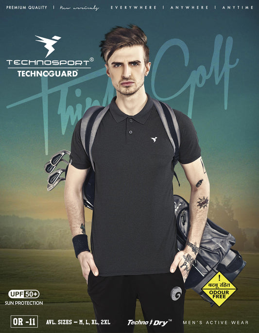 TechnoSport Polo Neck Half Sleeve Dry Fit T Shirt for Men OR-11 (Black Melange)