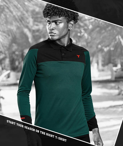 TechnoSport Polo Neck Full Sleeve Dry Fit T-Shirt for Men OR-16 (Green/Black)