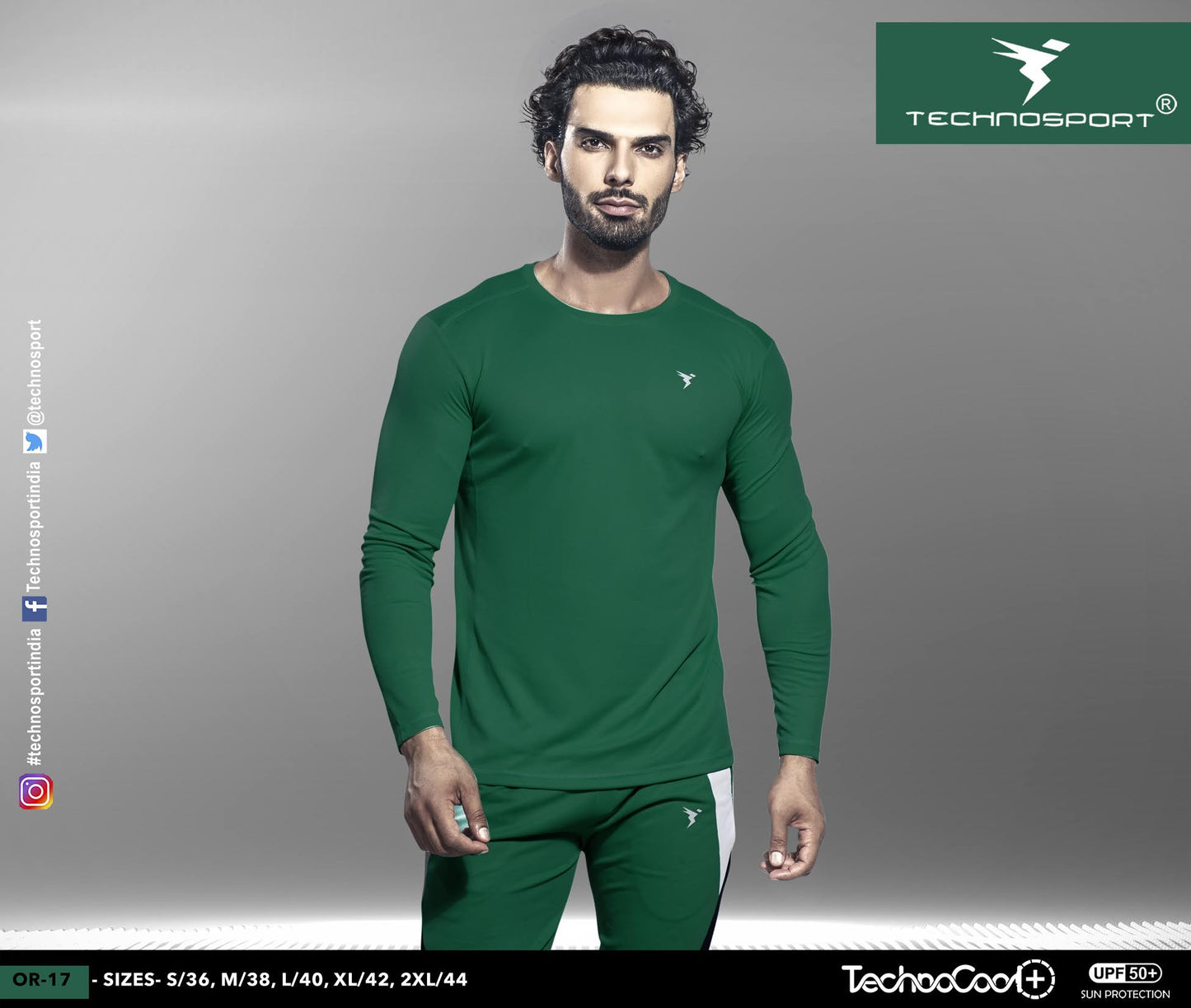 TechnoSport Crew Neck Full Sleeve Dry Fit T Shirt for Men OR-17 (Green)