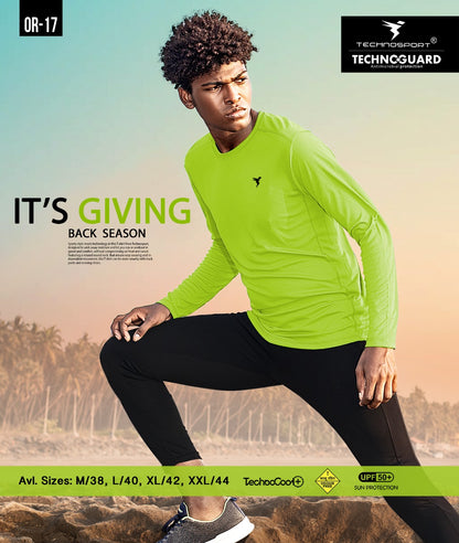 TechnoSport Crew Neck Full Sleeve Dry Fit T Shirt for Men OR-17 (Lemon Green)