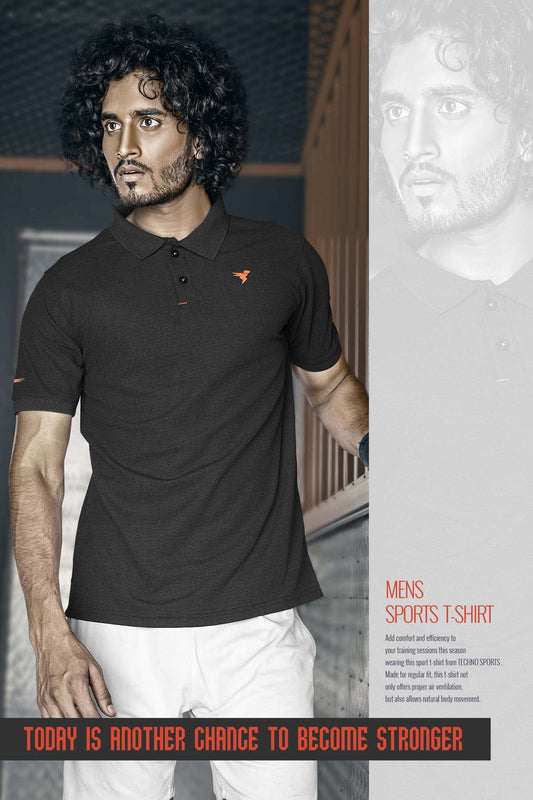 TechnoSport Polo Neck Half Sleeve Dry Fit T Shirt for Men OR-21 (Black)