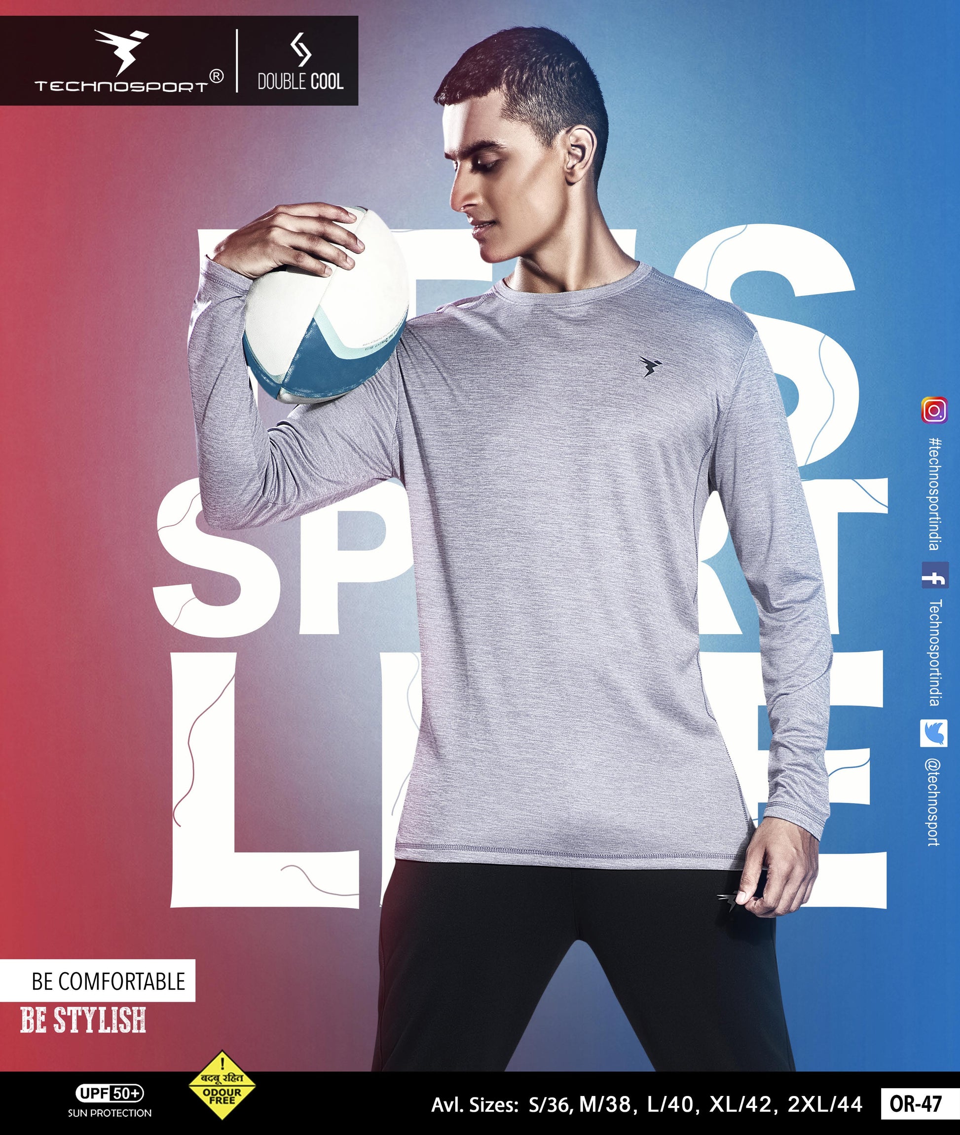 TechnoSport Crew Neck Full Sleeve Dry Fit T Shirt for Men OR-47 (Silver Grey) S