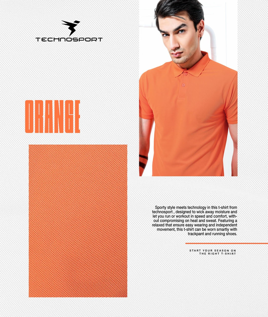 TechnoSport Polo Neck Half Sleeve Dry Fit T Shirt for Men OR-51 (Orange)