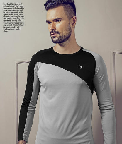 TechnoSport Crew Neck Full Sleeve Dry Fit T-Shirt for Men P-501 (Light Grey/Black)