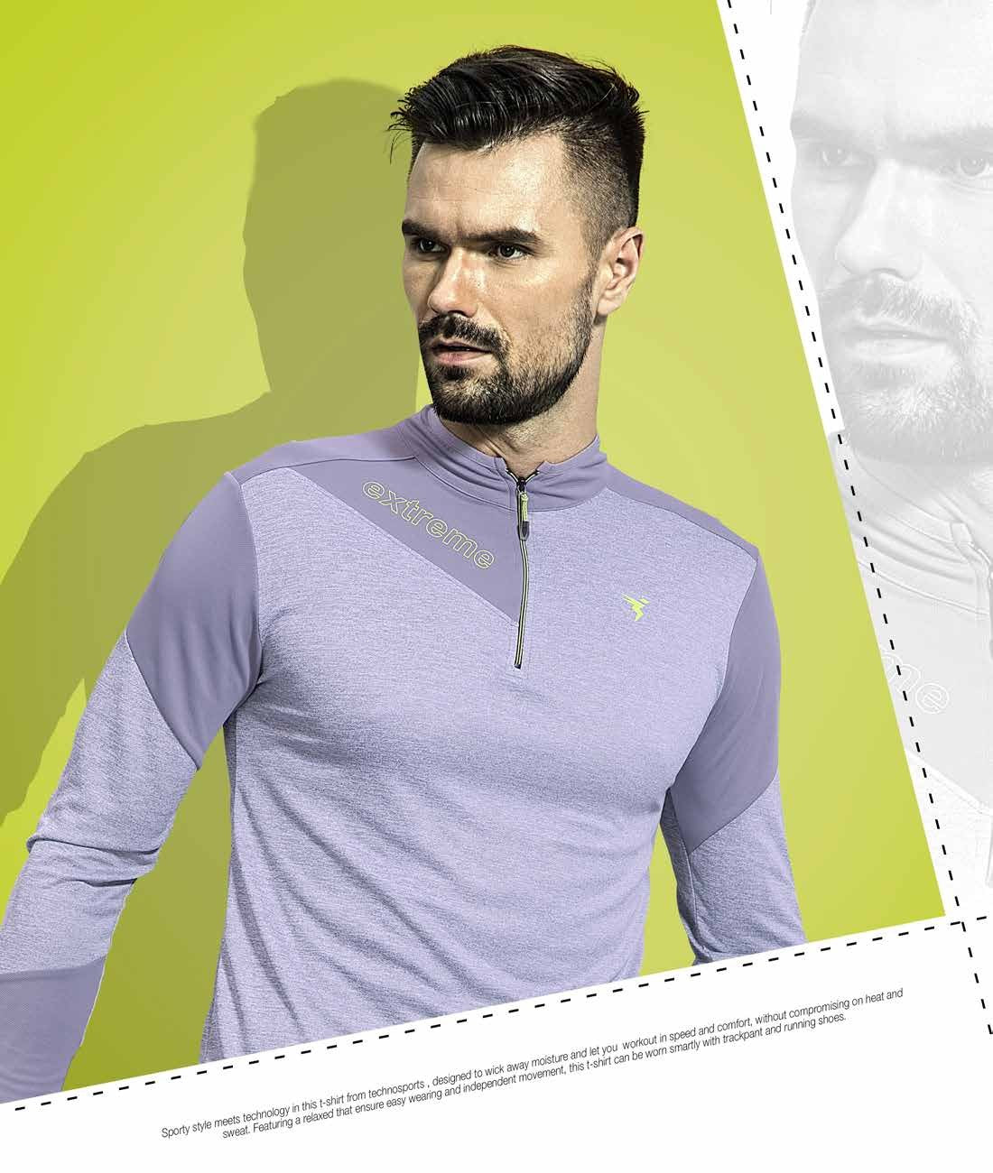 TechnoSport T Neck Full Sleeve Half Zip Dry Fit T-Shirt for Men P-506 (Silver Grey)