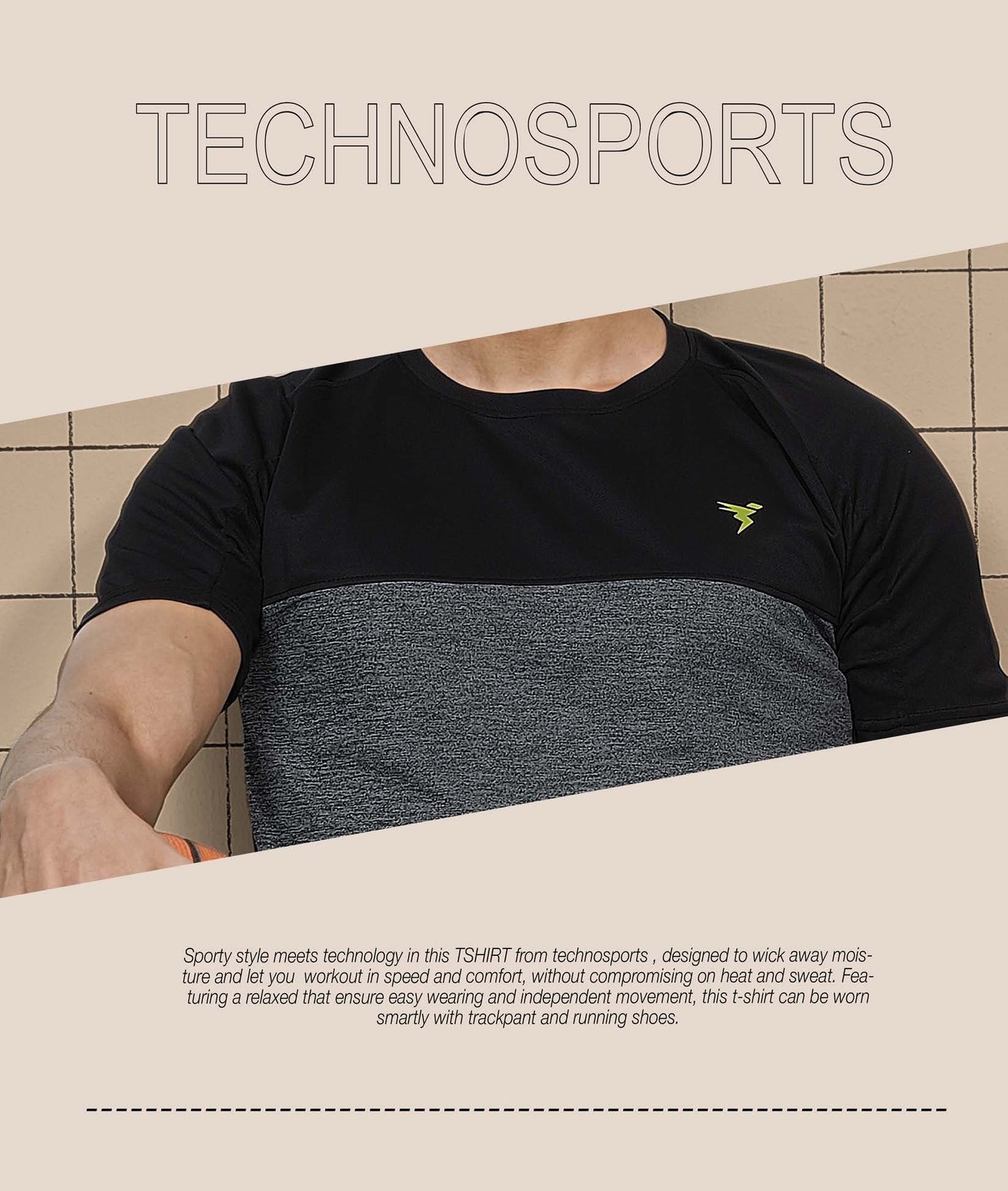 TechnoSport Crew Neck Half Sleeve Dry Fit T Shirt for Men P-516 (Black/Dark Grey)