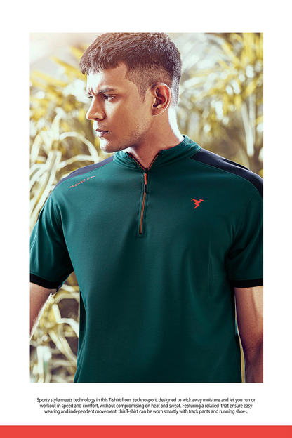 TechnoSport T-Neck Half Sleeve Half Zip Dry Fit T-Shirt for Men P-529 Green Black
