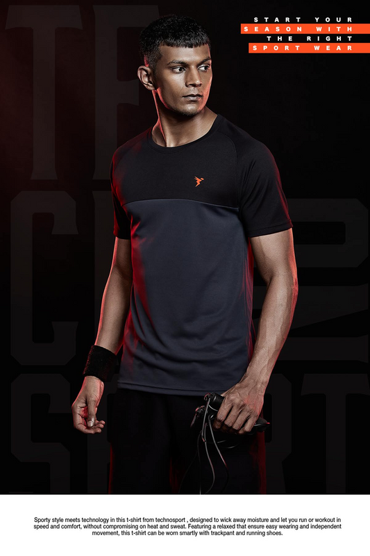 TechnoSport Crew Neck Half Sleeve Dry Fit T-Shirt for Men P 536 Dark Grey Black