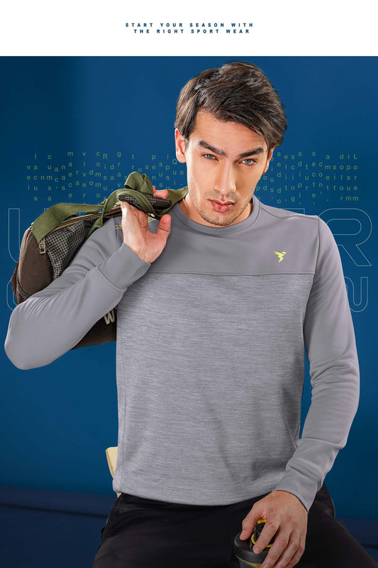TechnoSport Crew Neck Full Sleeve Dry Fit Melange Sweatshirt for Men PL-73 (Silver Grey)