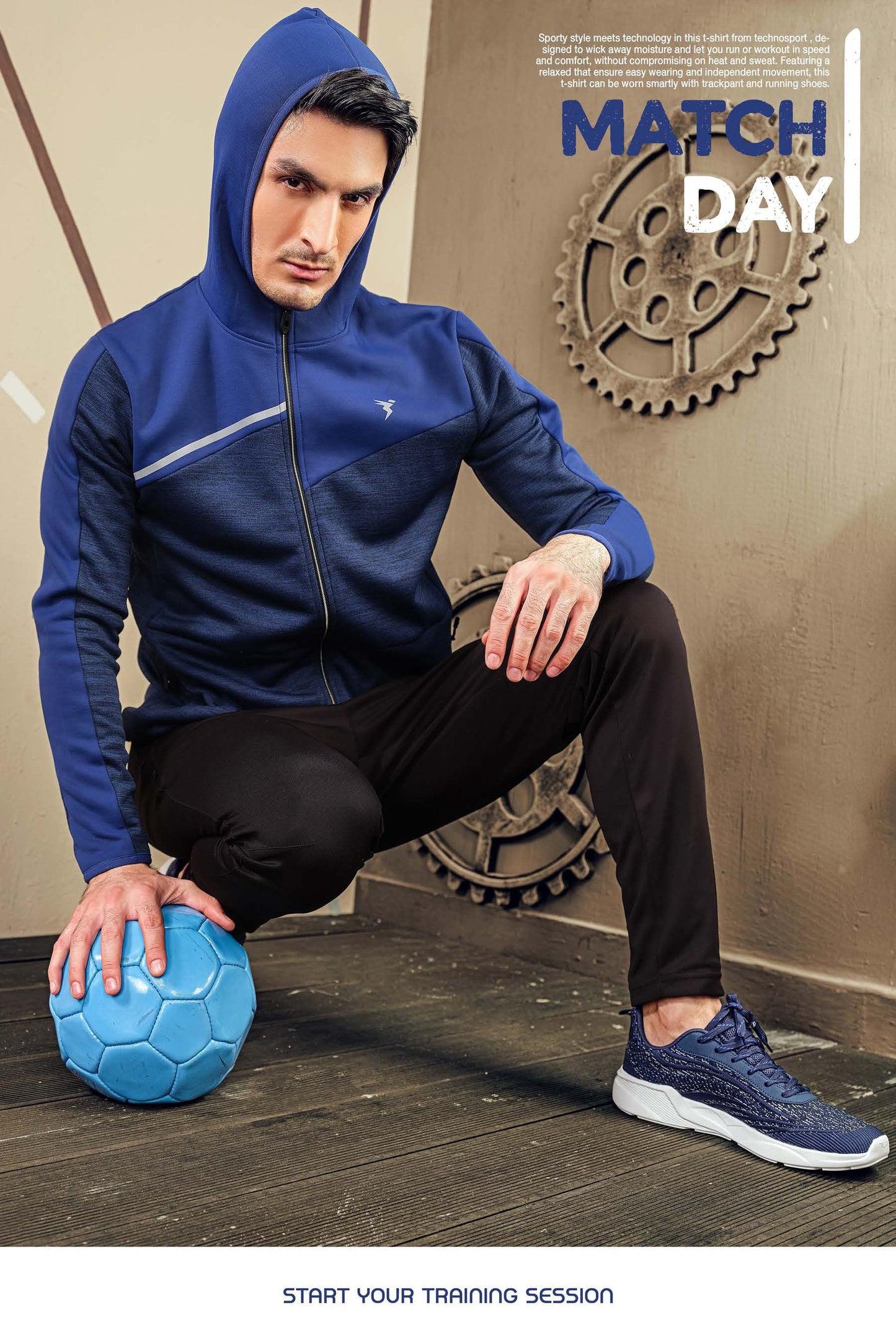 Technosport Full Sleeve Dry Fit Melange Hoodie Jacket for Men PL-74 (Royal Blue)