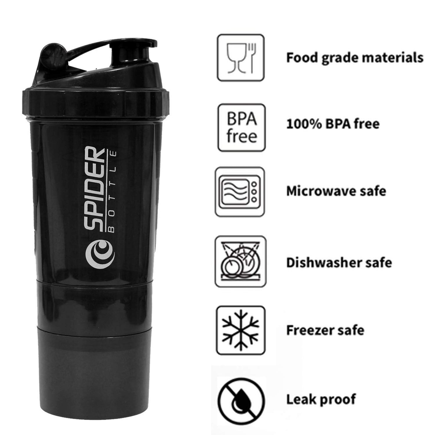 Spider Shaker Bottle for Protein and Gym use (Black-500ml)
